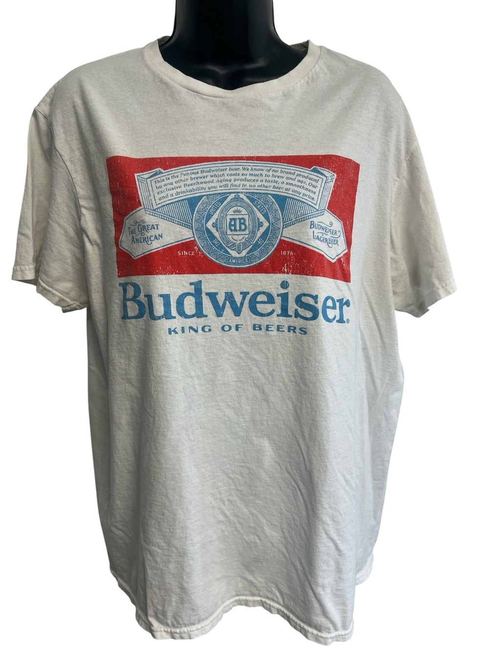 Budweiser White Tee with Red & Blue Logo Mens L